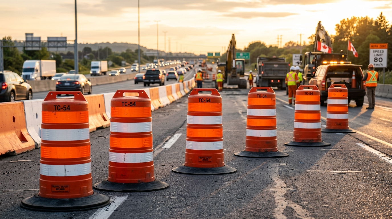 Commercial TC-54 Traffic Barrels and Safety Staging on Ontario Highway 401